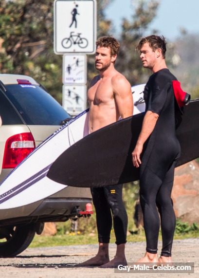 Two Hunky Brothers Liam and Chris Hemsworth Shirtless And Tight Wetsuit Photos
