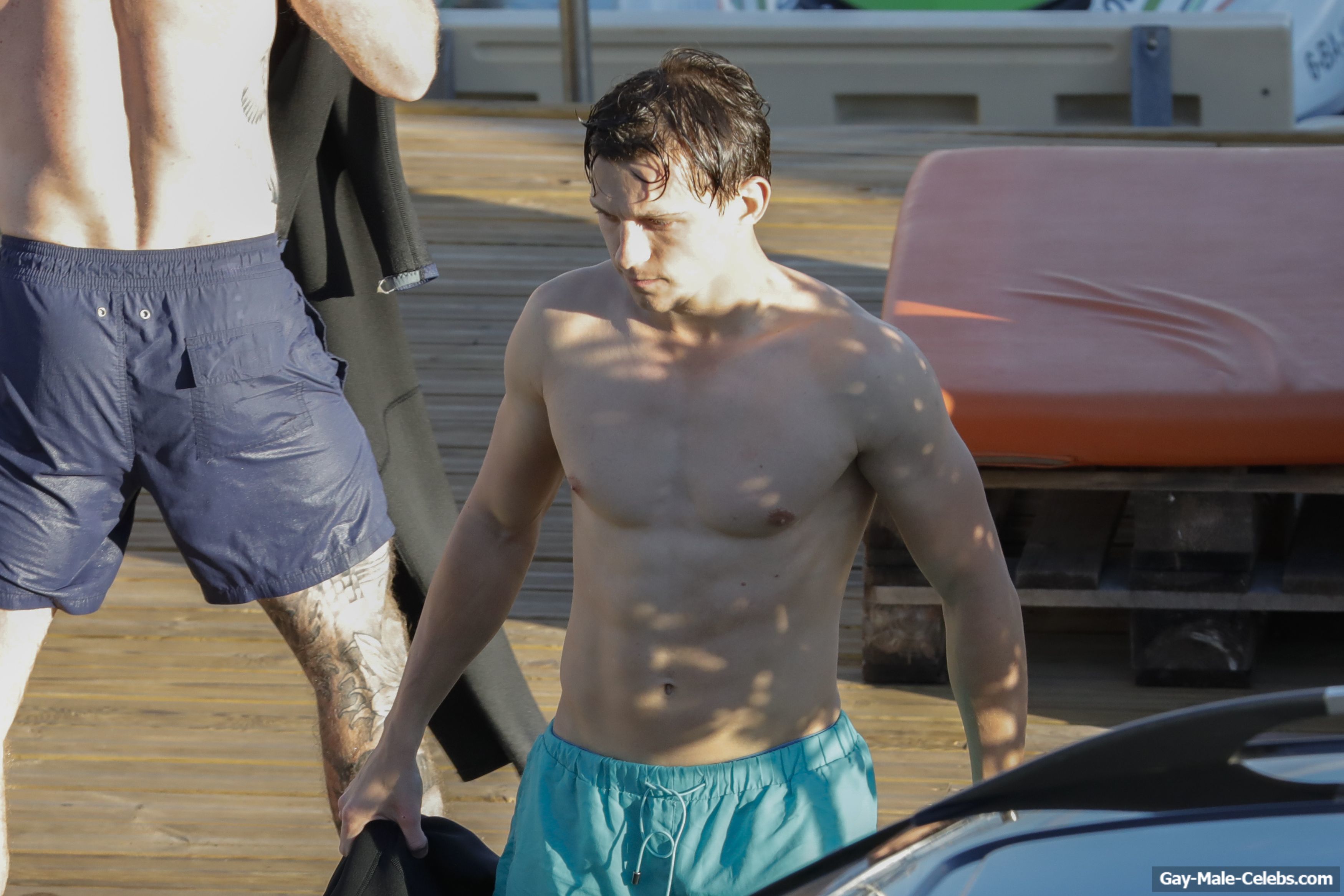 Tom Holland’s. nude chest on the beach as he sunbathed without a shirt. 