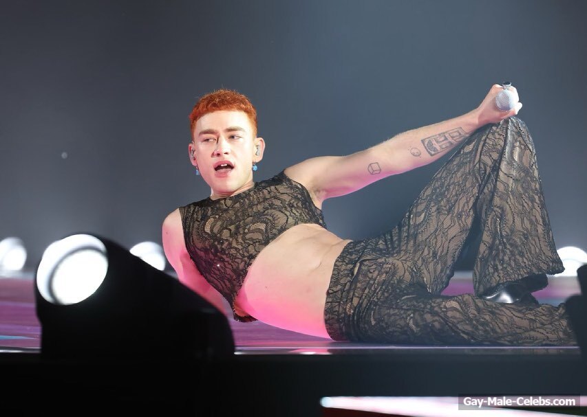 His unusual outfit did not hide Olly Alexander’s nude tummy. 