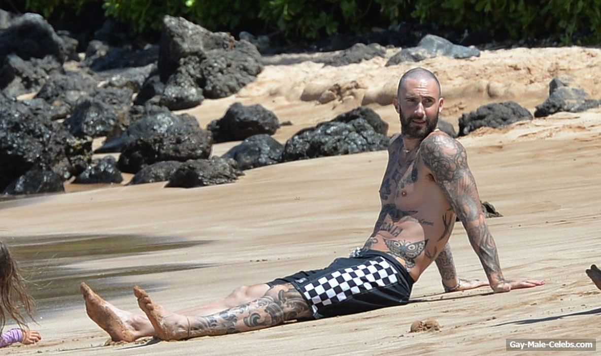 Adam Levine Shirtless On A Beach In Maui