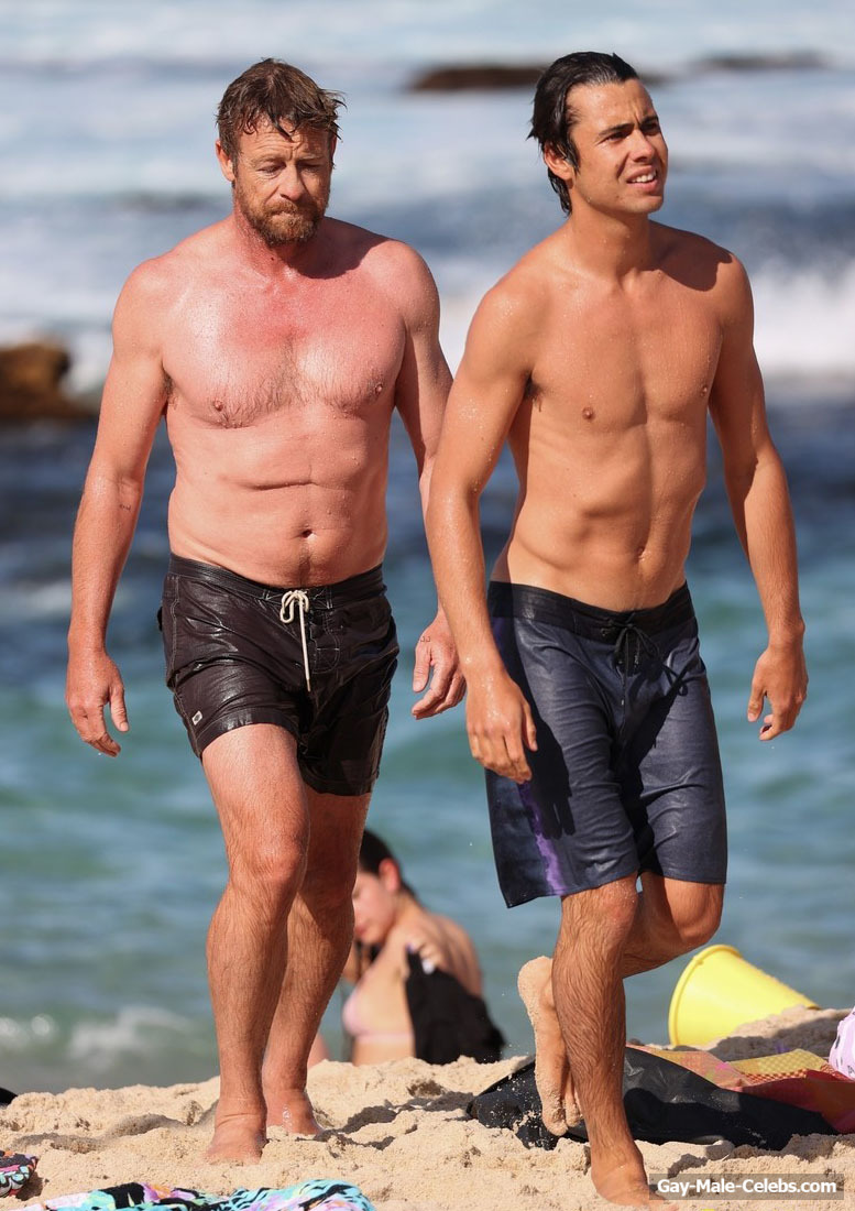 Simon Baker Caught Shirtless With Son On A Beach